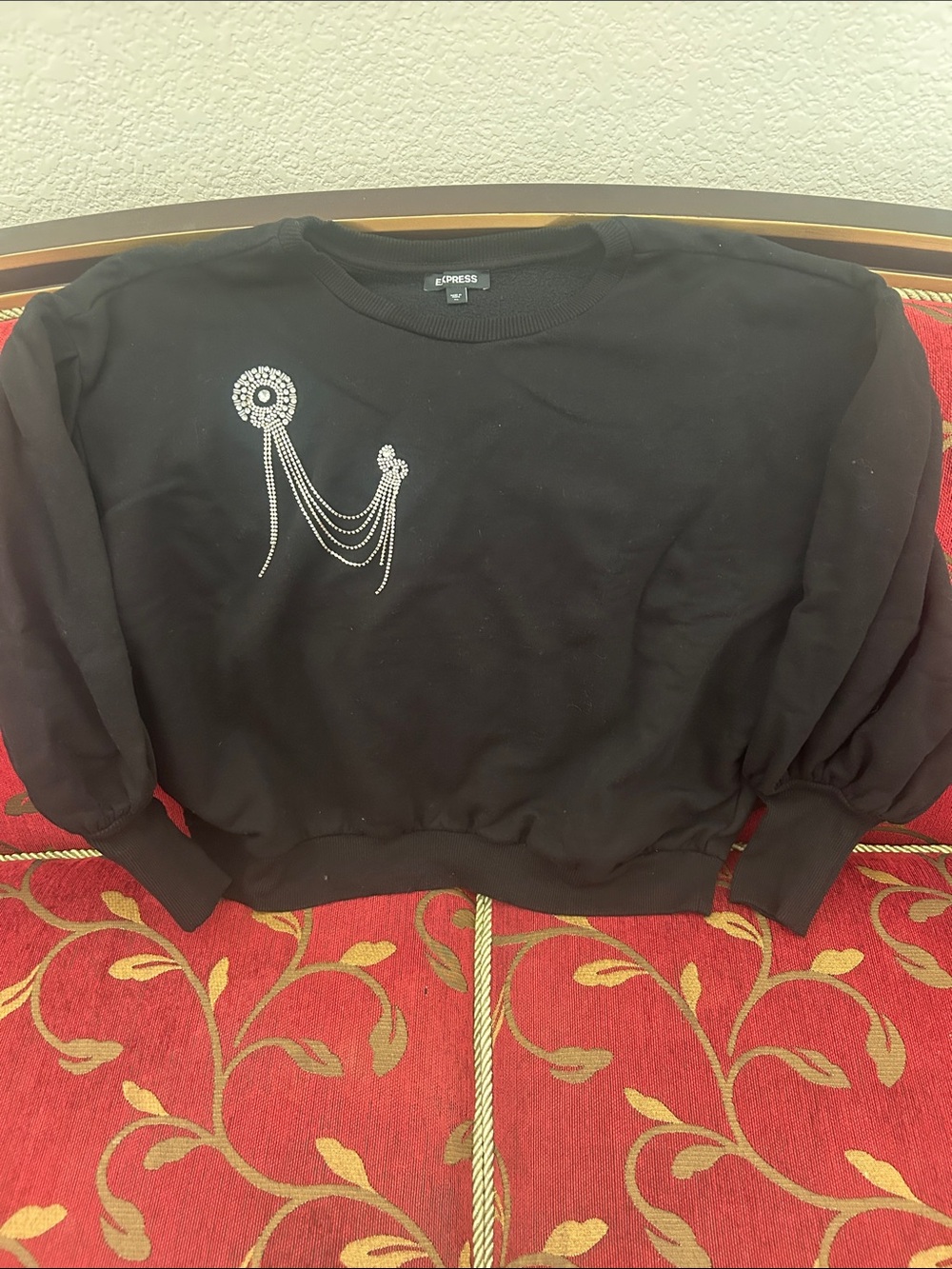 Express Black Crew Sweater with Rhinestone Chain Brooch Size XL